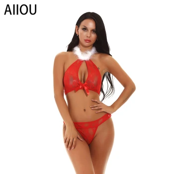 

AIIOU Wome Erotic Red Lingerie Set Christmas lace Transparent Backless Sexy ladies Temptation Hollow out bikini Lingerie Set