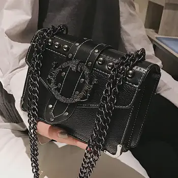 

European Fashion Female Square Bag Women's Handbag Rivet Lock Chain Shoulder Messenger Bags 2020 New Quality PU Leather Flap