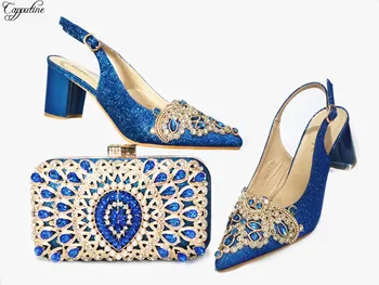 

Graceful blue party set matching high heel pointed toe shoes and purse handbag set with crystal stones GG119, Heel Height 6.5cm