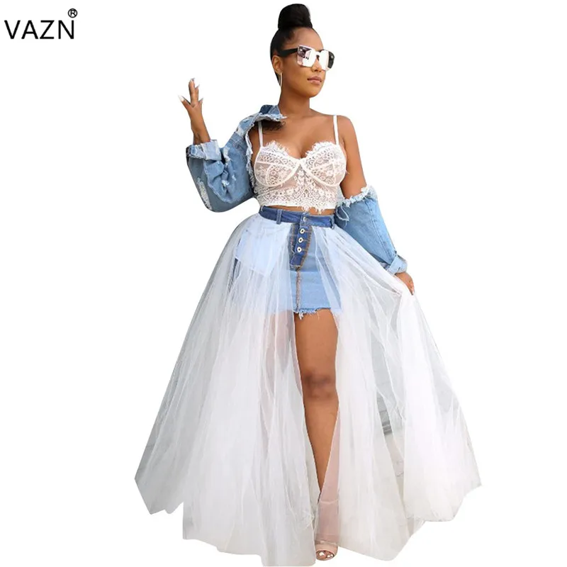 VAZN SN4406 продукт лето сексуальная леди 2 цвета длинная юбка средняя талия сплошной бальное платье юбка юная леди кружева милые юбки - Цвет: Белый