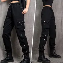 

Streetwear Women Punk Black Cargo Pants Loose Gothic Sweat Pants Overalls High Waist Sports Casual Pants Female Capris Trousers