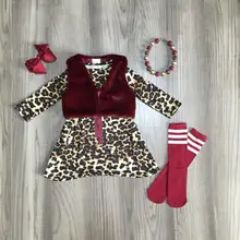 Одежда для маленьких девочек комплект из 2 предметов для девочек леопардовое платье для девочек с шерстяным жилетом чулки винно-красного цвета одежда для девочек с аксессуарами