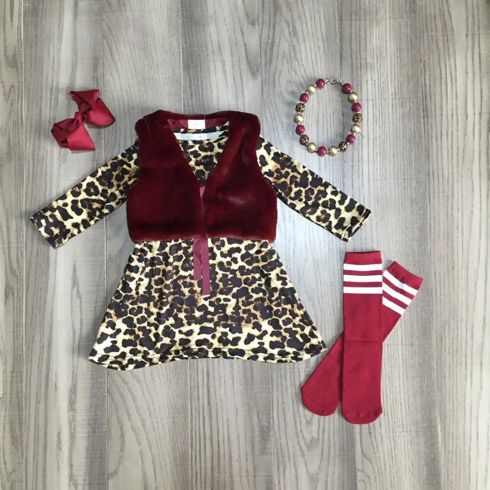 

baby girl clothes girls 2 pcs outfits girls leopard dress with wool fabric vest wine red stocking girl clothes with accessories