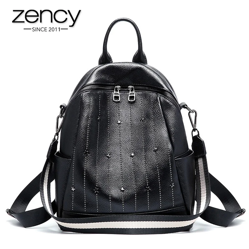 Zency 100% натуральная кожа Повседневный рюкзак для женщин заклепки Стиль преппи