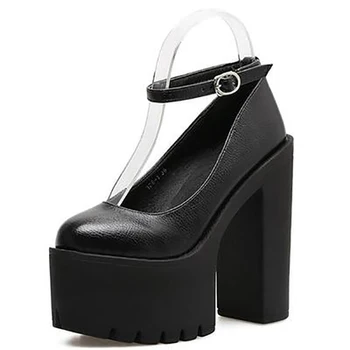 

2020 autumn European and American thick-soled thick-heeled waterproof platform super high heel 15cm nightclub round toe buckle s