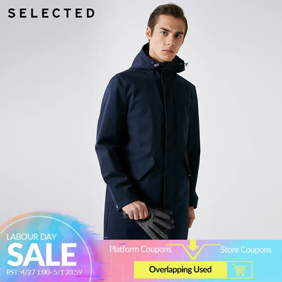 

SELECTED Men's Spring Dark Plaid Mid-length Hooded Trench Coat S|4191OM511