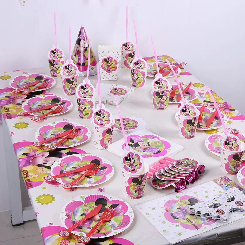 82 шт., розовый, красный, Минни Маус, для девочек, для вечеринки на день рождения, одноразовые скатерти, чашки, тарелки, салфетки, детский праздничный набор, украшение, шапка
