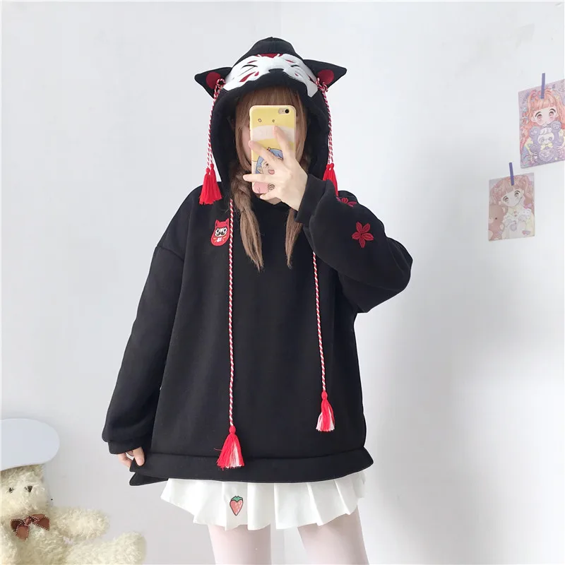 Осенние и зимние женские свитшоты с капюшоном Kawaii кошачьи ушки Свободный Повседневный Рождественский теплый жакет с длинными рукавами пуловер толстовки