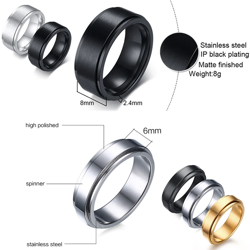 Vnox 8mm Rotatable Basic Ring for Men Black Stainless Steel Casual Male Anel Stylish Punk Spinner Alliance Jewelry 4