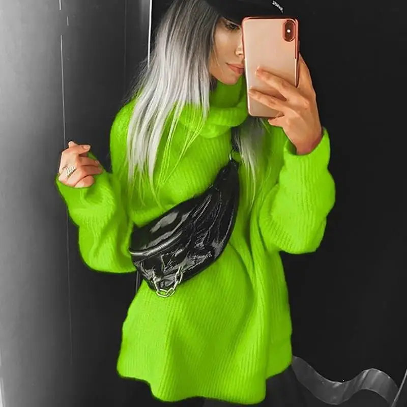 Neon Green Осень-зима, свободные свитера с высоким воротником, женские неоновые вязаные пуловеры с длинным рукавом, одноцветные повседневные длинные свитера большого размера - Цвет: Neon Green