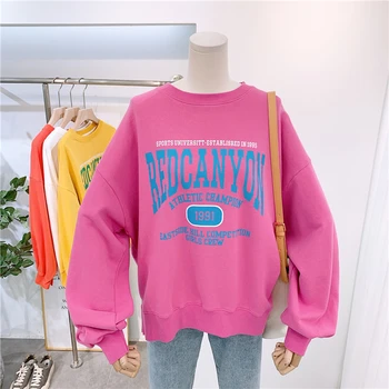 

Korean Oversize Street Women's Sweatshirt Letter Print Casual Pullover Coat 2020 Autumn BF Style Simple Sweat Top Rose