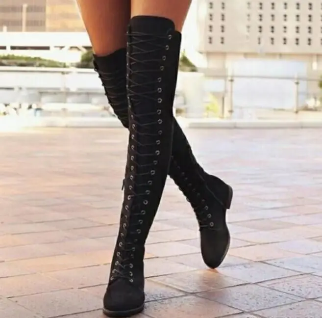 Пикантные сапоги; Botas de encaje sobre la rodilla Botas de estilo Roma mujeres pisos zapatos para mujer de ante Botas largas Botas de invier