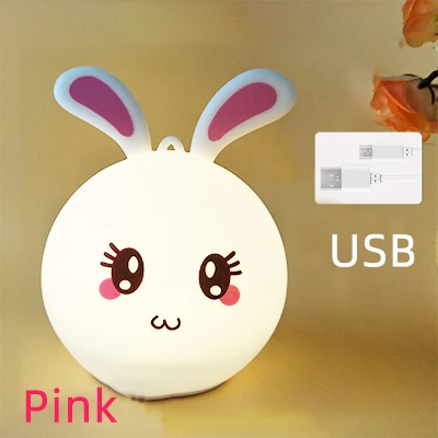 Style2 Pink USB 7 цветов кролик Ночной светильник светодиодный аккумулятор для Детей Силиконовый мультяшный детский сон детский Сказочный Декоративный Рождественский подарок - Испускаемый цвет: Style2 Pink