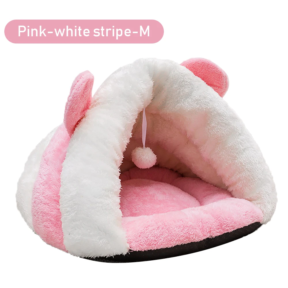 pink-white stripe-M Зимнее теплое мягкое гнездо для домашних животных, кошек, собак, питомник, кровать, пещерный домик, спальный мешок для кошек, собак, кровать для дома, подушка для домашних животных - Цвет: pink-white stripe-M