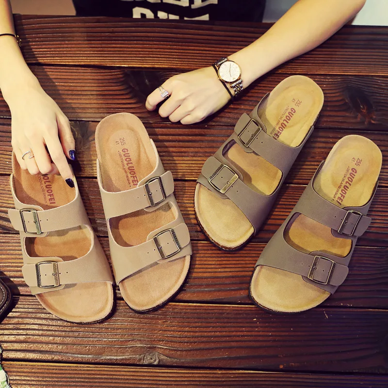 

Fast Shipping Men's PU Leather Sandals Slippers High Quality Soft Cork Two Buckle Slides Footwear For Men