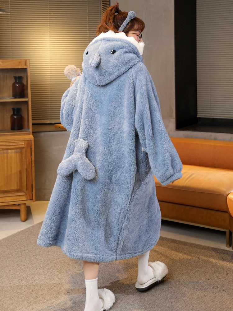 Women's Dressing Gown Fleece Hooded Bathrobe Princess Robe Fluffy Warm Sherpa Shaggy Kimono Shark Winter Woman Coats For Home