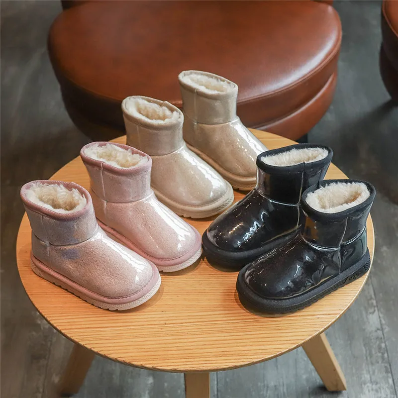 

New Fashion Children's Snow boots Winter Girls Patent leather fur martin boots Velvet Thicken boys Warm cotton princess boots