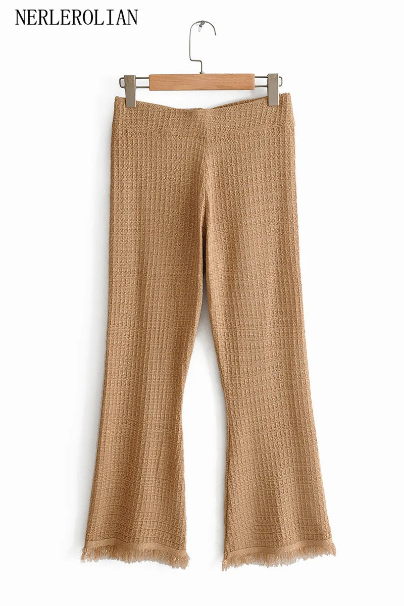 

NERLEROLIAN 2019 autumn new women's high waist elastic fringed tassel knit flared pants
