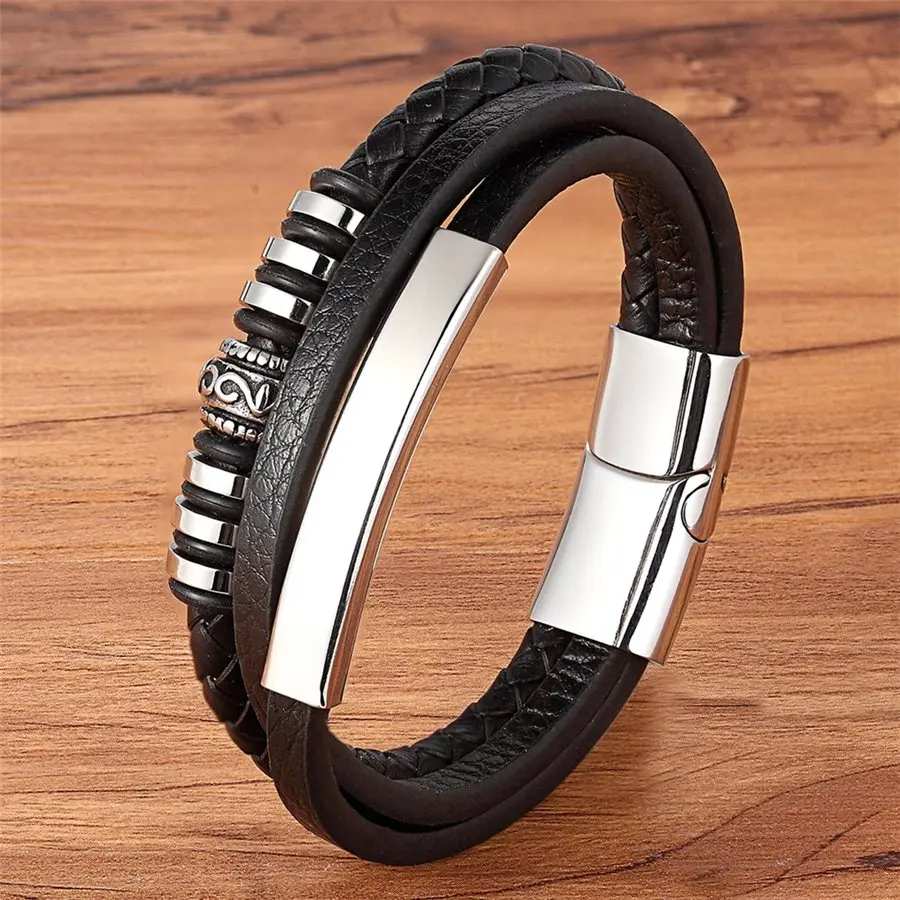 Fashion Stainless Steel Charm Magnetic Black Men Bracelet Leather Genuine Braided Punk Rock Bangles Jewelry Accessories Friend - Окраска металла: BXXG901Black