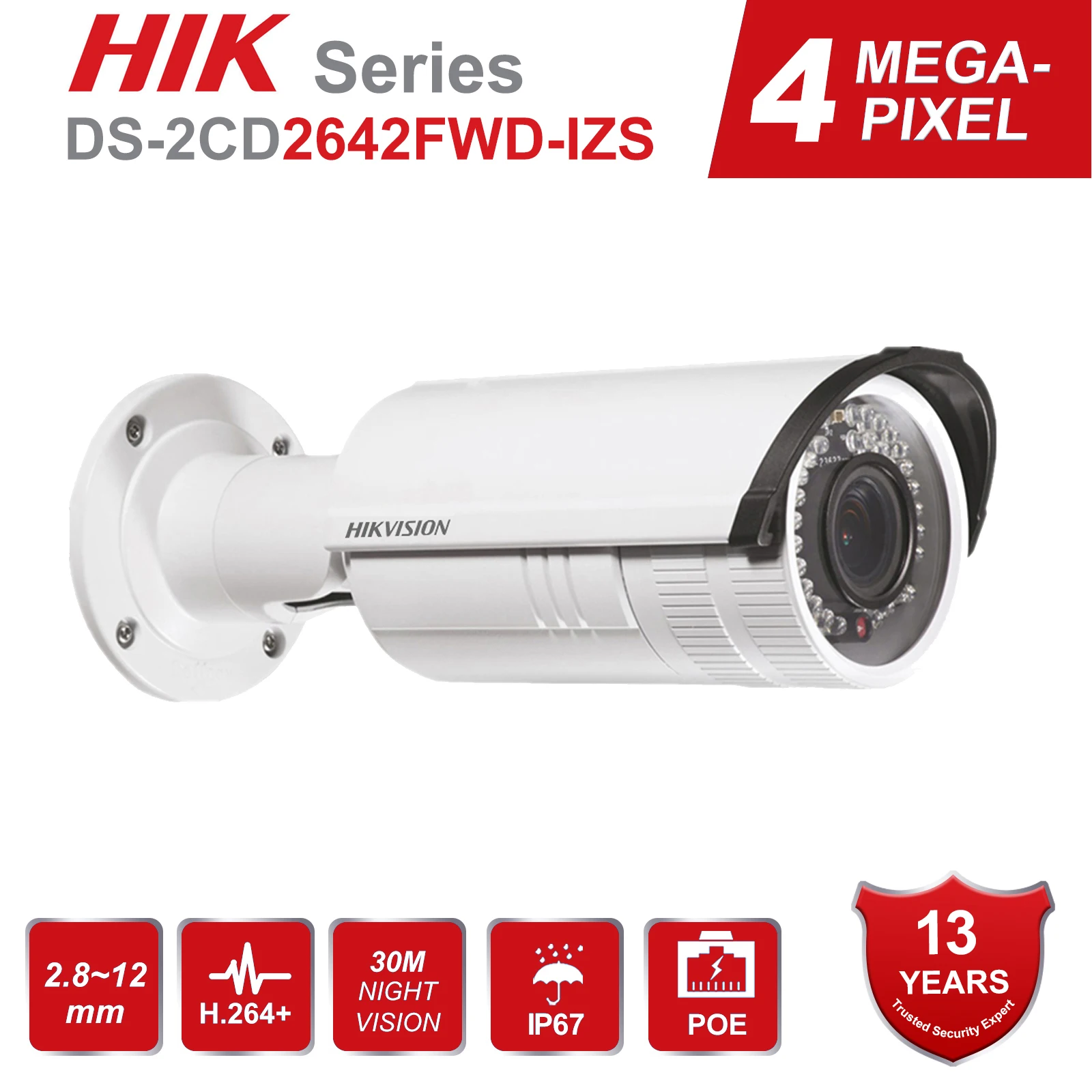 

Hikvision Video Surveillance CCTV Bullet Camera DS-2CD2642FWD-IZS 4MP WDR Vari-Focus Lens 2.8~12mm Network POE IP Cameras IR30m