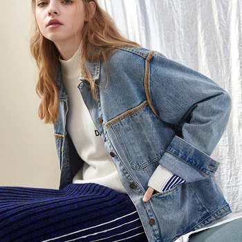 

Denim Jackets Women 2020 Spring New Vintage Casually Long Sleeve Big Pockets Top Jeans Jacket Light Blue Soild Loose Coats Tide