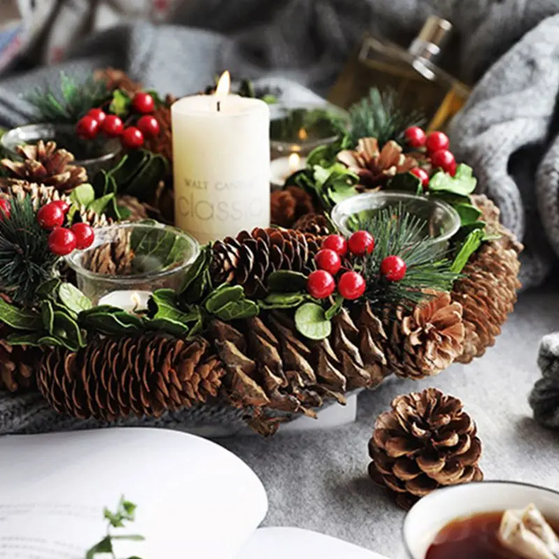 Christmas Wreath Artificial Christmas Flower Pine Needle Pine Cone Tealight Candle 4 Holder Wood Tea Light Holder Christmas