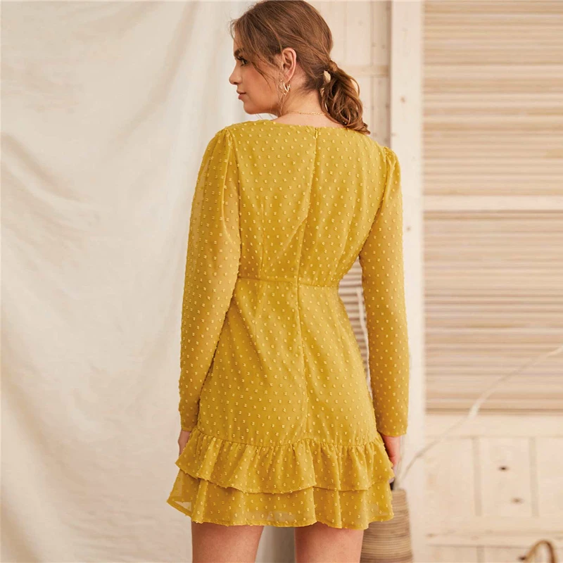 SHEIN черное швейцарское платье в горошек с оборками спереди, Сетчатое платье для женщин, весна-лето, высокая талия, v-образный вырез, ТРАПЕЦИЕВИДНОЕ Элегантное короткое платье
