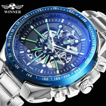 

WINNER Steampunk Automatic Watch Men Blue Mirror Case Luxury Skeleton Mechanical Watches Luminous Hands Stainless Steel Strap