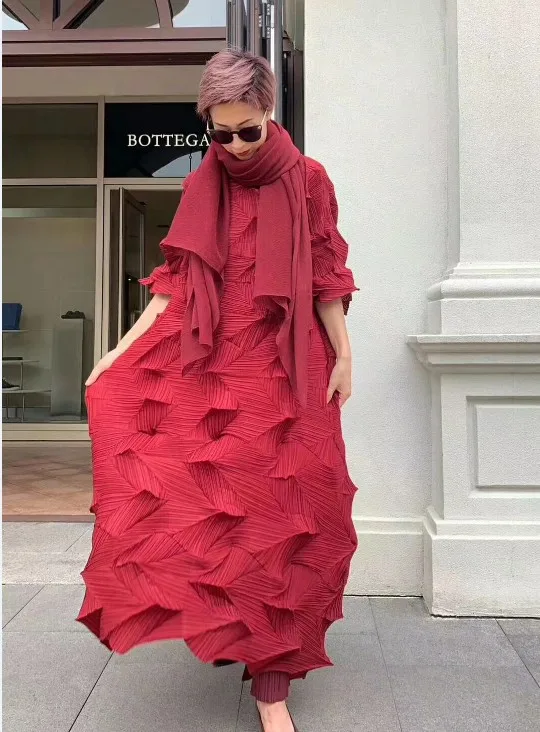 Бургундия Горячая Miyake модное плиссированное платье со складками и бриллиантами, одноцветное Свободное длинное платье со стоячим воротником - Цвет: Бургундия