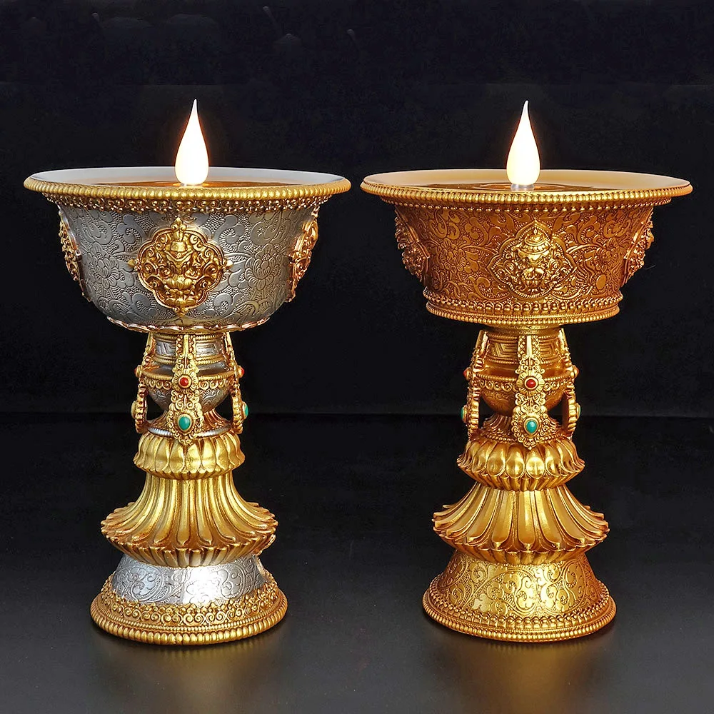 Rechargeable Candle Holder Tibetan Electronic Butter Lamp Buddhist Table Centerpiece Led Simulated Flame Home Decorative Candle Holders Led Light Decoration