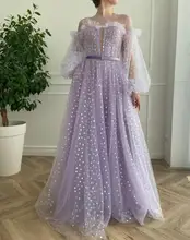 

Lilac Moroccan Evening Dresses A-line Long Sleeves Tulle Appliques Long Luxury Turkey Dubai Saudi Arabia Prom Dress Gown