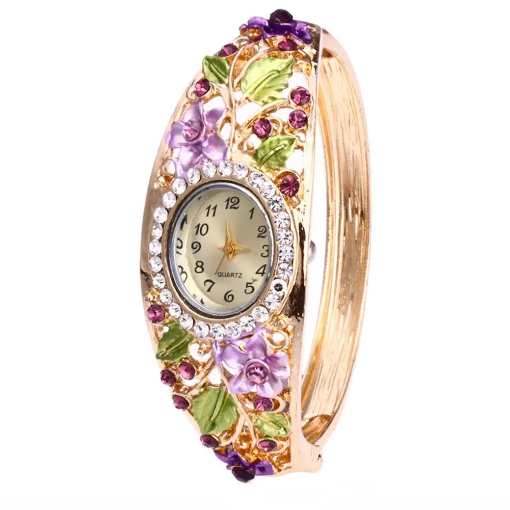 Женские часы с цветком и стразами браслет овальным циферблатом аналоговые
