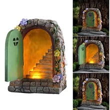 Fairy Garden Solar Stone Door Resin Ornament Hand-Painted Statue for Garden Courtyard Lawn Decoration