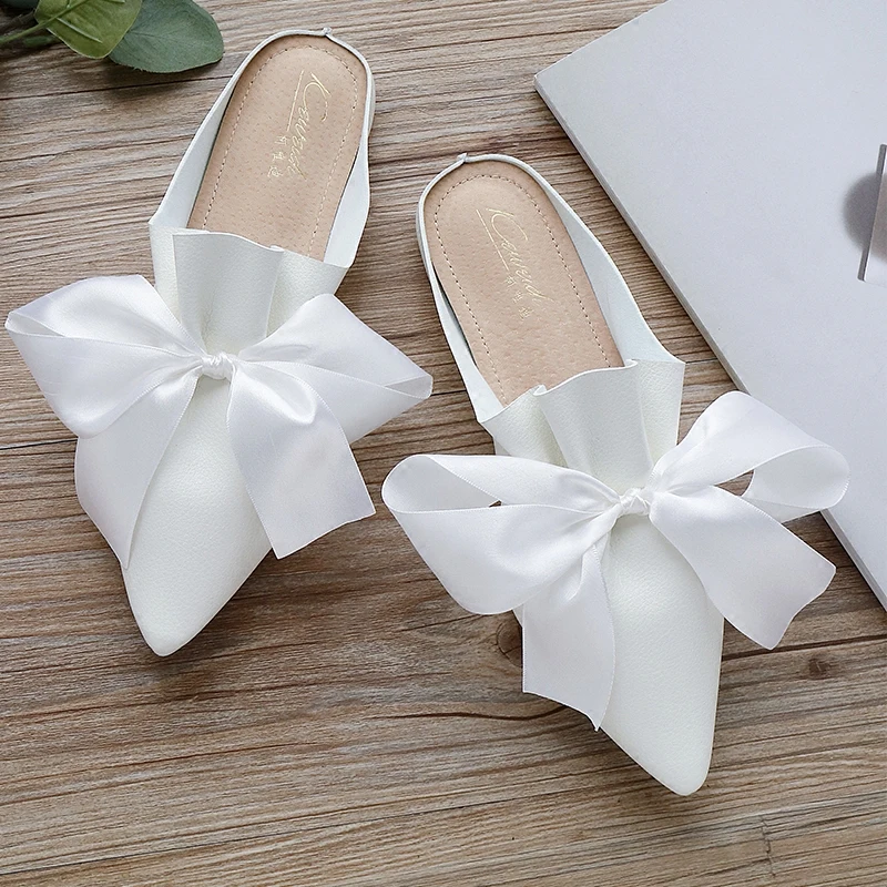 

ribbon bow flip flops women pointed toe bowtie sandals size 43 black/white leather pleated slides chaussures femme