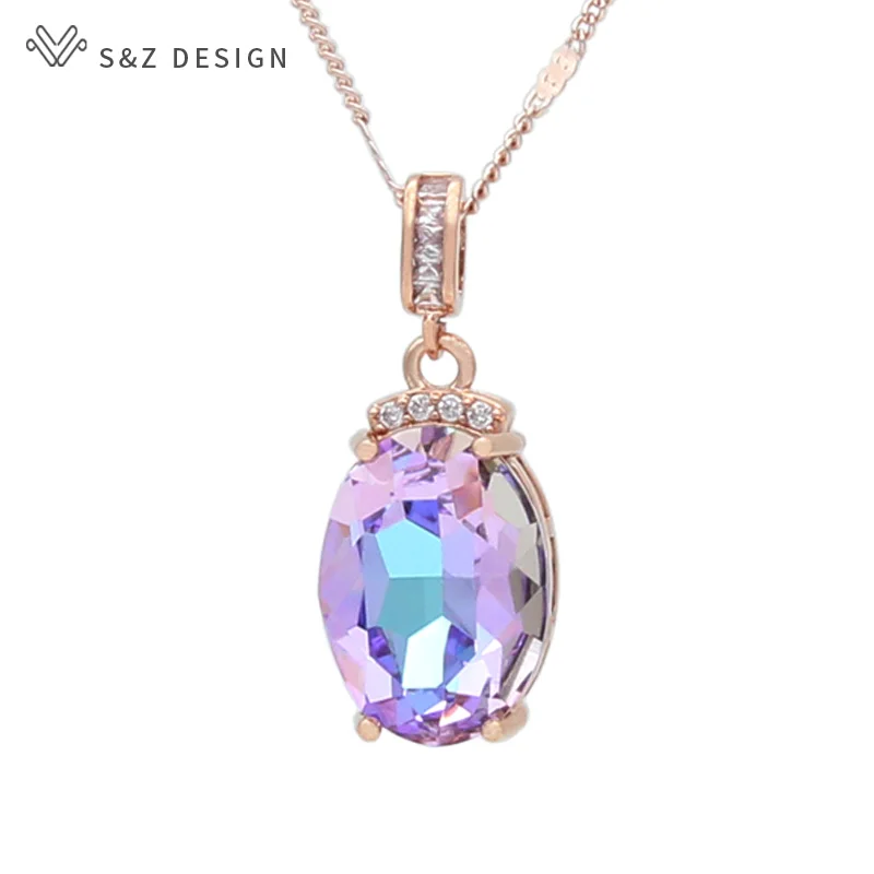 S&Z DESIGN Fashion Elegant Oval Large Crystal Necklace For Women Girl Wedding Party 585 Rose Gold Color Jewelry