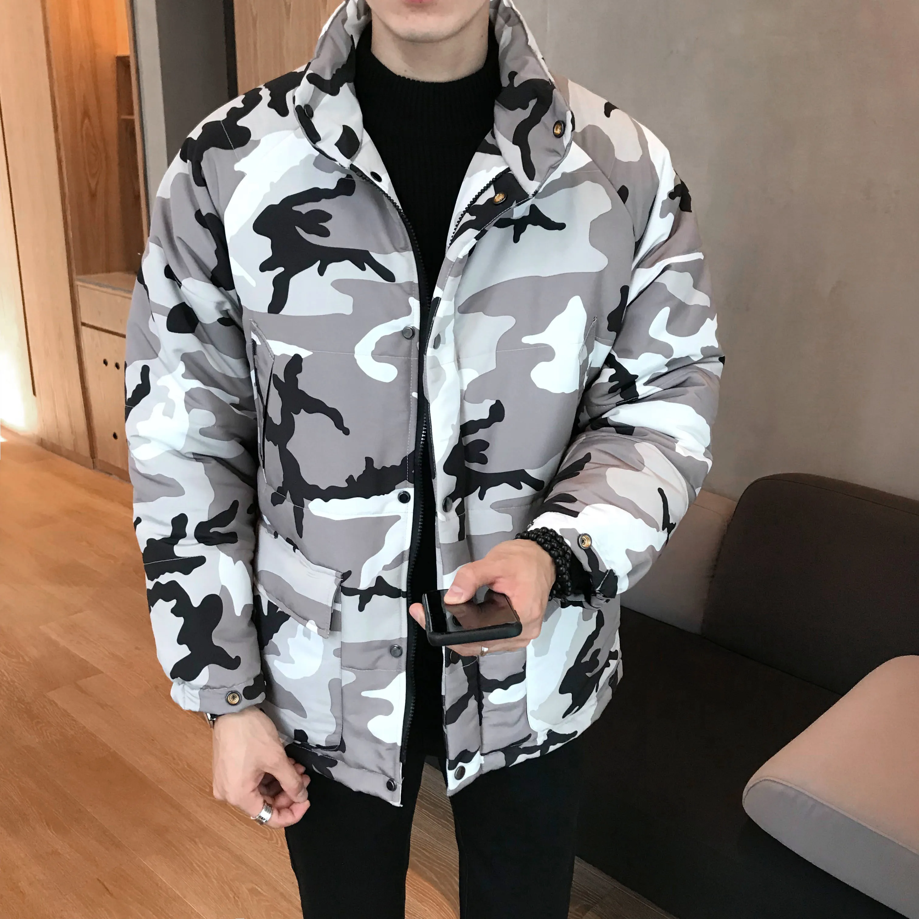 White camouflage Модные парки мужские s Повседневная Верхняя одежда мужские куртки и пальто парка мужские зимние камуфляжные куртки хлопковые Chaquetas Hombre - Цвет: White camouflage