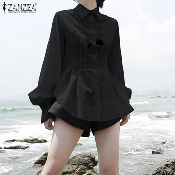 

2020 Spring Shirts Women Peplum Top ZANZEA Fashion Solid Long Puff Sleeve Blusas Casual Lapel Asymmetrical Blouse Female Tunic