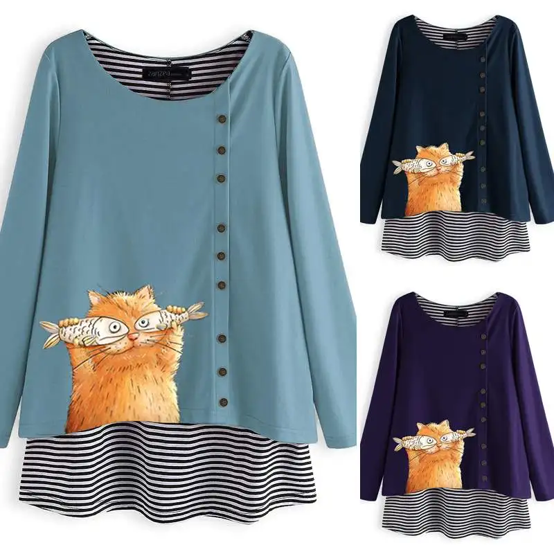 ZANZEA Топы Blusas Женская Повседневная блуза с длинным рукавом Женская Лоскутная полосатая рубашка с принтом кота свободная туника с круглым вырезом