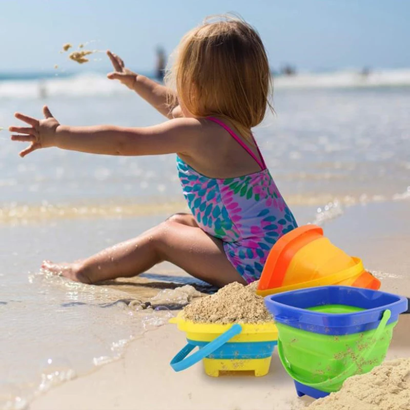 Beach Tool Portable Folding Square Bucket Children's Toys Silicone Summer Collapsible Handle Bucket Kids Game Water Outdoor Toys 2