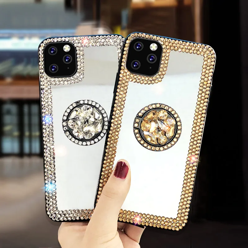 Phone Case For iphone 11 Pro 7 8 Plus X XR XS Max 5 6 6S Womens Real Mirror Glossy Diamond Glitter Rhinestones Ring Stand Cover | Мобильные