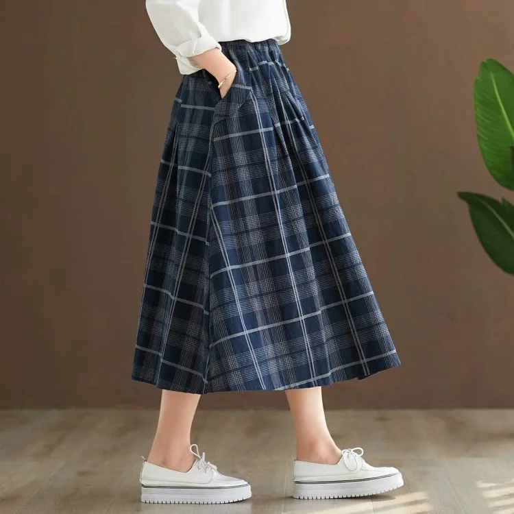 

Spring And Autumn New Style Cotton Linen Washing Skirt Women's Mid-length Retro Plaid Skirt Slimming Hundred