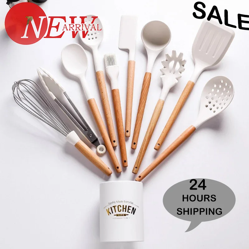 11PCS Silicone Cooking Utensils Non stick Spatula Shovel Wooden Handle Cooking Tools With Storage Box Kitchen Tool Accessories|Cooking Tool Sets| - AliExpress