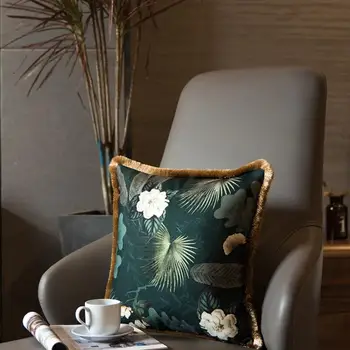 

American Floral Print Velvet Free Shipping Soft Velvet Cushion Cover Fringe Pipping Decorative Sofa Pillow Case 45 x 45 cm