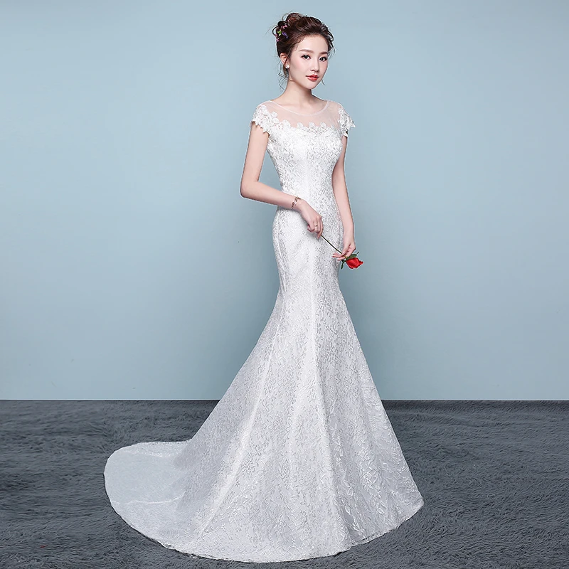 Tanie moda proste suknie ślubne syrenka koreański piękna koronka kwiat