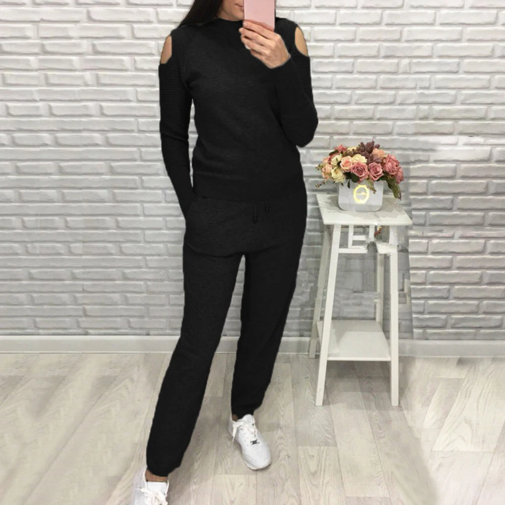 Sfit Women sweater suits diamond knitted suit open shoulder sleeve jumper tops and pants women two piece sets Ladies Casual Suit