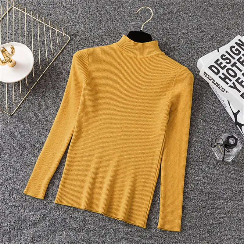 

Korea Autumn Winter Yellow Half Turtleneck Slim Elastic Pullovers Sweaters Women Solid Bottoming Knitted Sweater Female Jumper