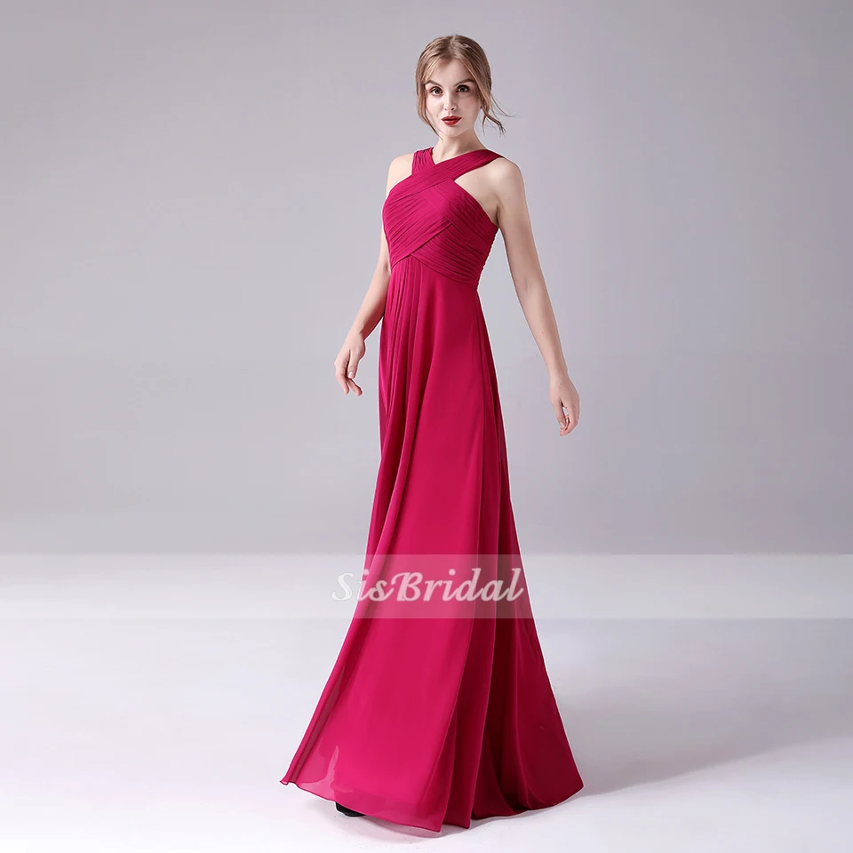 A-Line Высокая шея Длина пола шифон платье невесты с рюшами Ruched