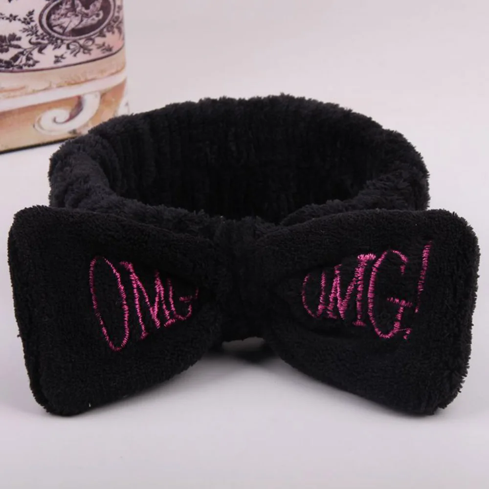 Black OMG Новинка OMG буквы коралловый флис мытье лица ободок с бантиком для женщин девушек держатели головных уборов резинки для волос аксессуары для волос в виде тюрбана - Цвет: Black OMG