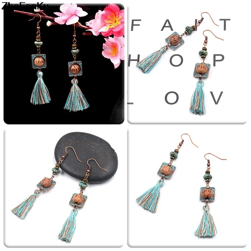 Boho Винтаж длинные Позолоченные каплевидные серьги с квадратными Этническая богемная женская обувь с женской зеленной обуви с кисточкой в виде капель с кристаллами в форме Для женщин деревянные бусины серьги вечерние ювелирные изделия