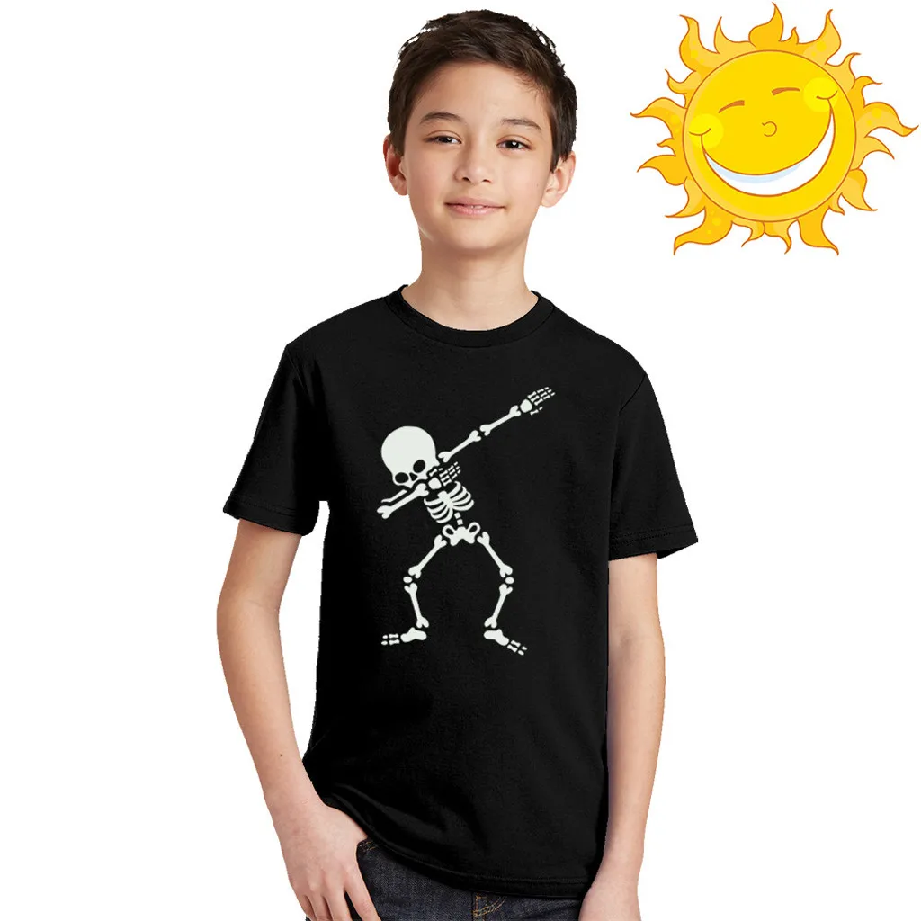 Футболка; Camiseta; детская одежда для мальчиков и девочек; забавная повседневная одежда для детей с короткими рукавами, с изображением черепа, флуоресцентного цвета
